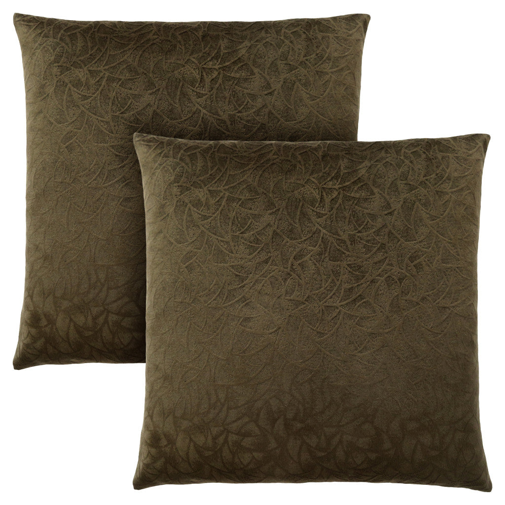 Set Of Two 18" X 18" Dark Green Velvet Polyester Floral Zippered Pillow FurniFindUSA