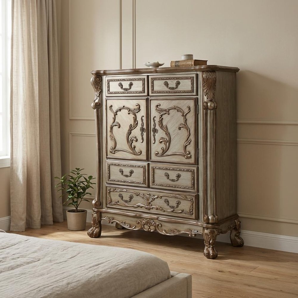 55" Bone Carved Scrollwork Solid Wood Two Door Five Drawer Combo Dresser