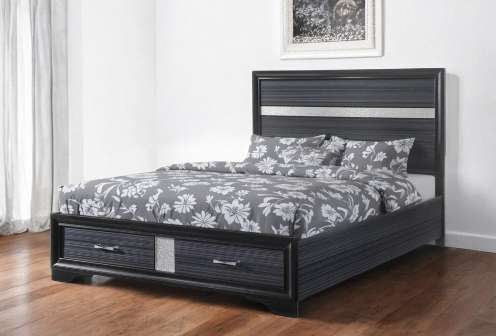Black Gray and Silver Faux Crystal Bling Wood King Bed Frame With Two Drawers HomeRoots
