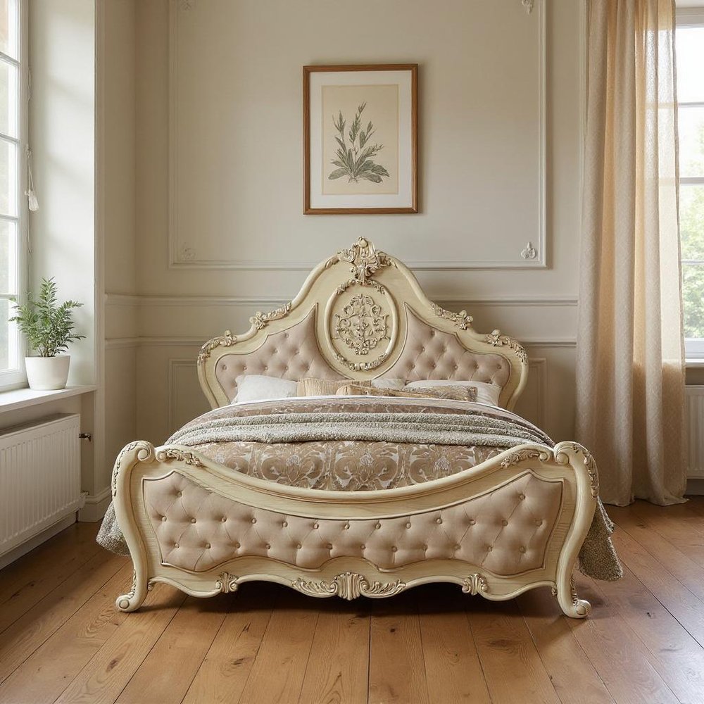 Beige Wood And Tufted Linen Queen Bed Frame With Nailhead Trim HomeRoots