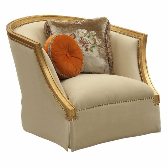 41" Tan and Gold Distressed Club Chair And Toss Pillows HomeRoots