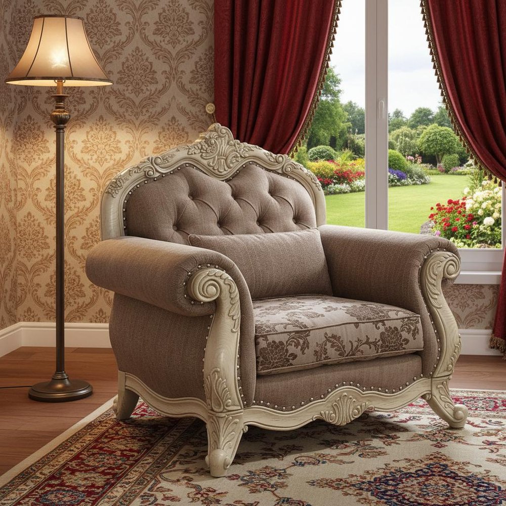 35" Gray and Antiqued White Fabric Floral Tufted Chesterfield Chair And Toss Pillow HomeRoots