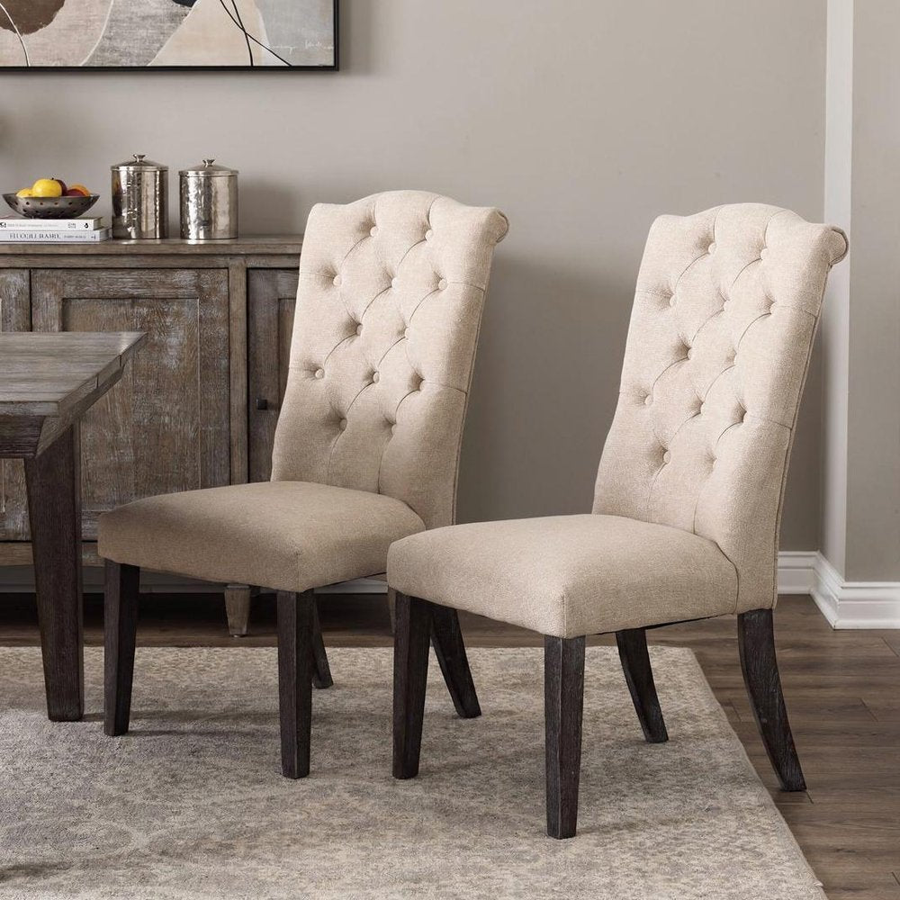 Set of Two Tufted Beige and Espresso Upholstered Linen Dining Side Chairs HomeRoots