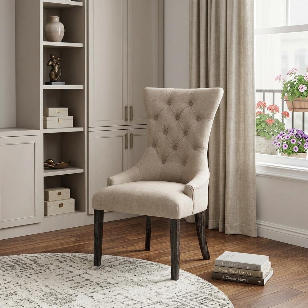 Set of Two 28" Beige and Dark Brown Linen Tufted Parsons Chair HomeRoots