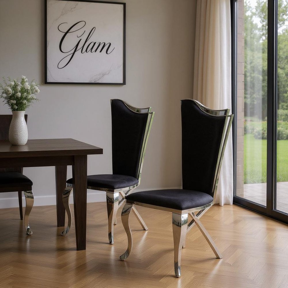 Set of Two Black And Silver Upholstered Fabric Dining Side Chairs HomeRoots