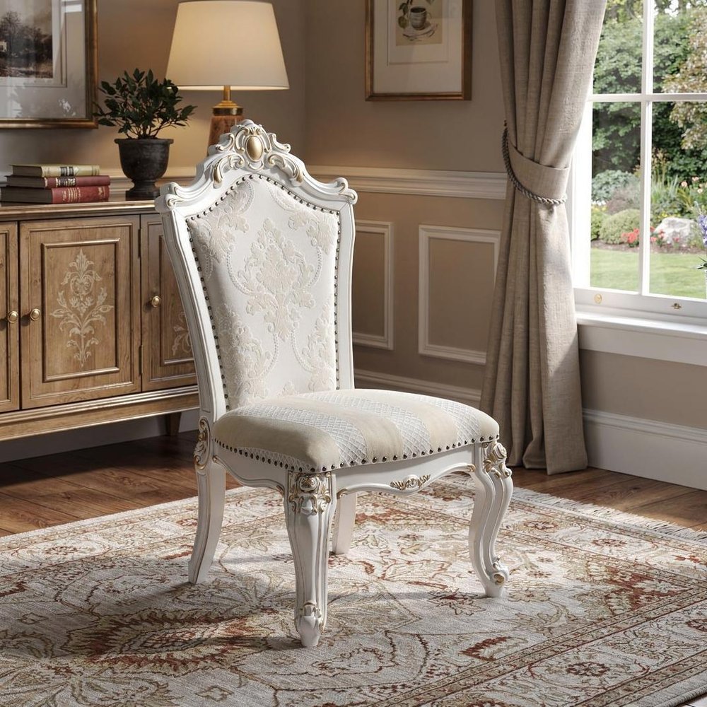 Set of Two 27" Beige and White Faux Leather Damask Side Chair HomeRoots