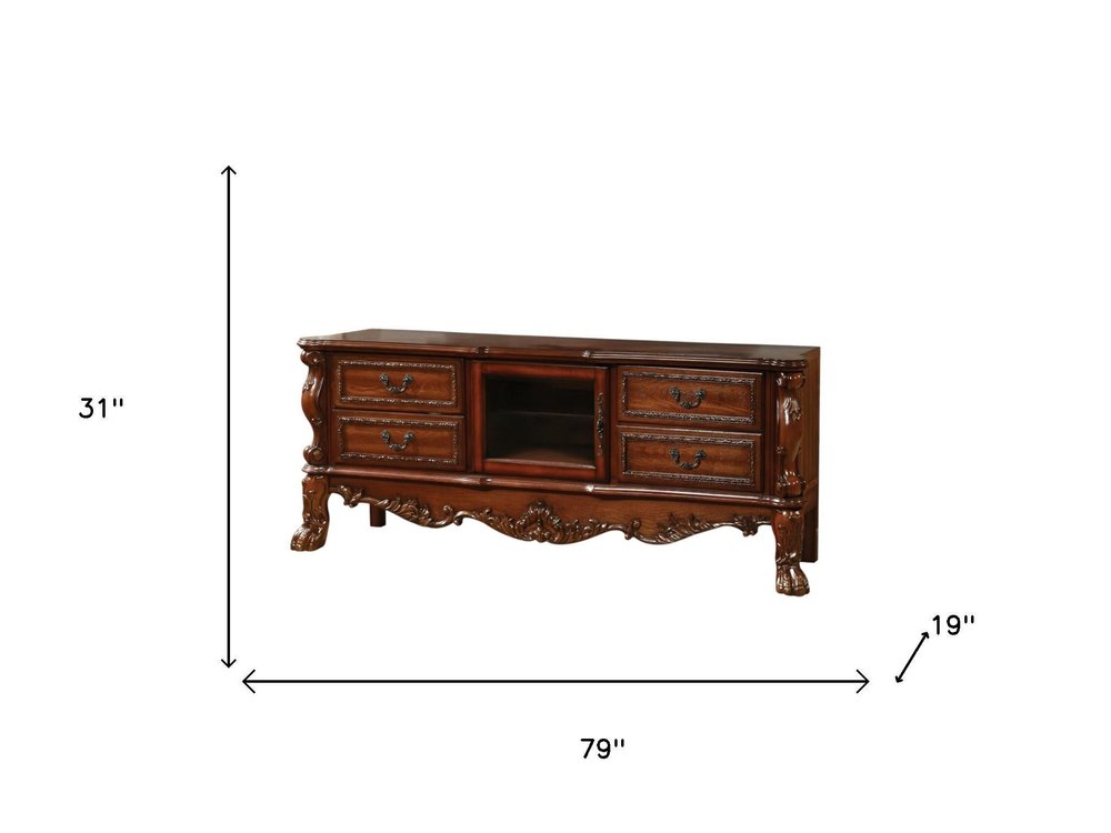79" Brown Wood And Glass Carved Scrollwork Entertainment Center HomeRoots