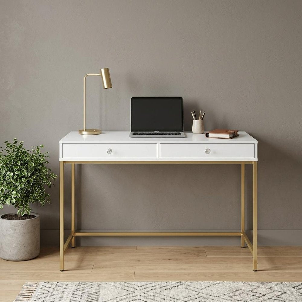 47" White and Gold Computer Desk With Two Drawers HomeRoots