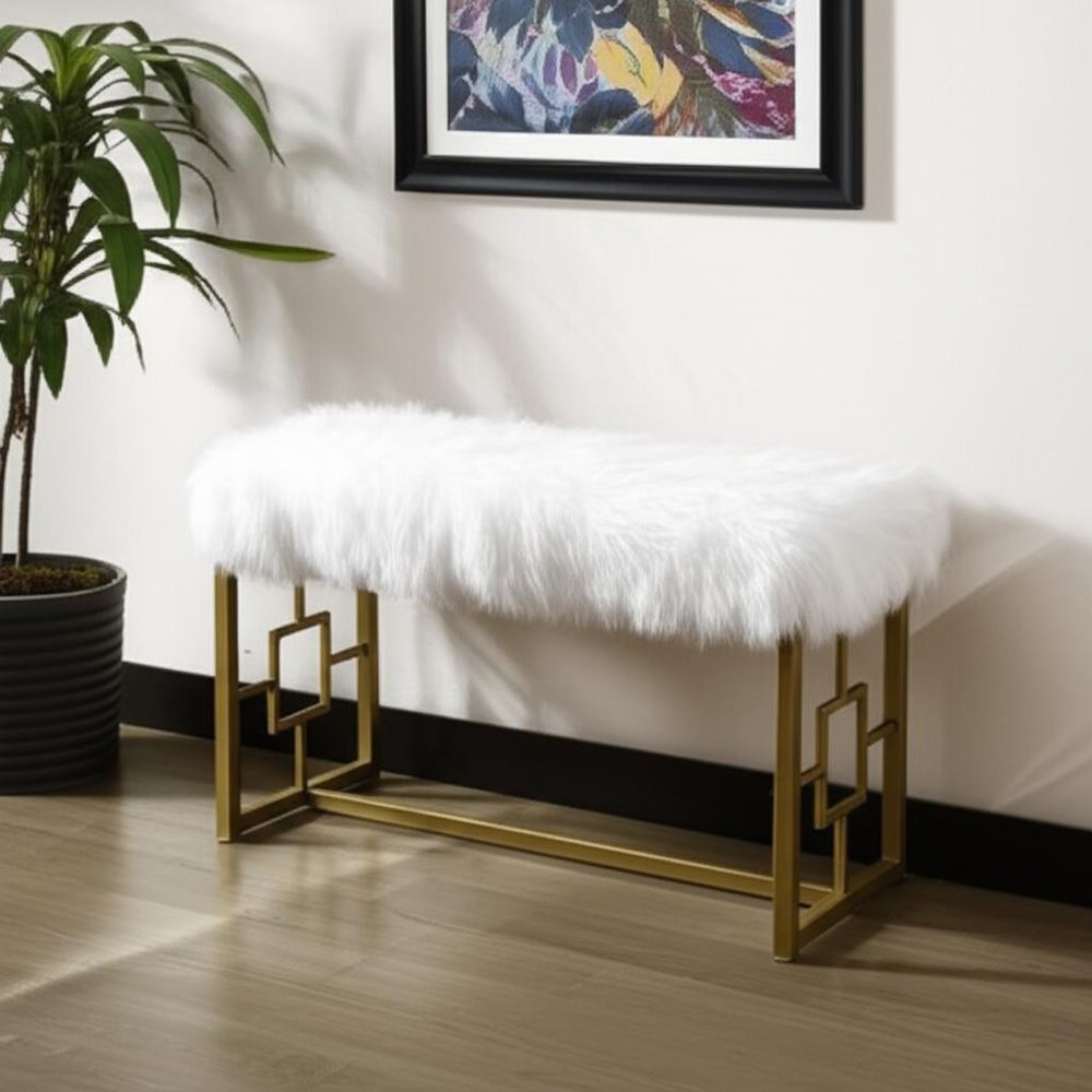 18" White and Gold Upholstered Faux Fur Bench HomeRoots