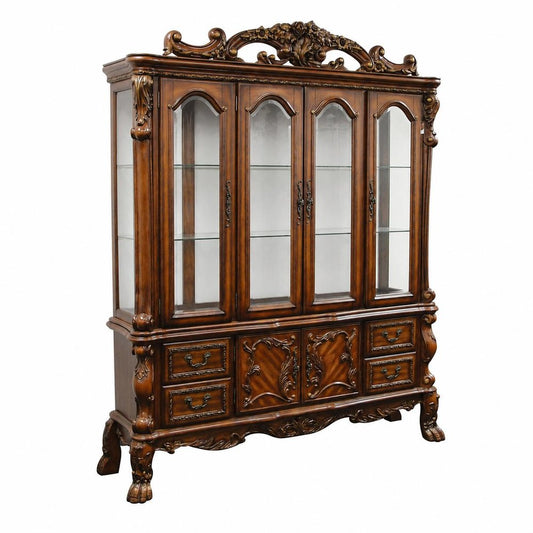 74" Brown Wood Four Drawer Sideboard With Glass Door Dining Hutch