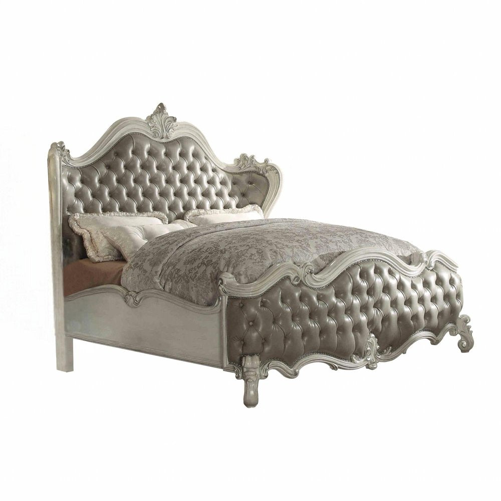 Gray and Bone Carved Scrollwork Solid Wood And Tufted Faux Leather Queen Bed Frame With Nailhead Trim HomeRoots