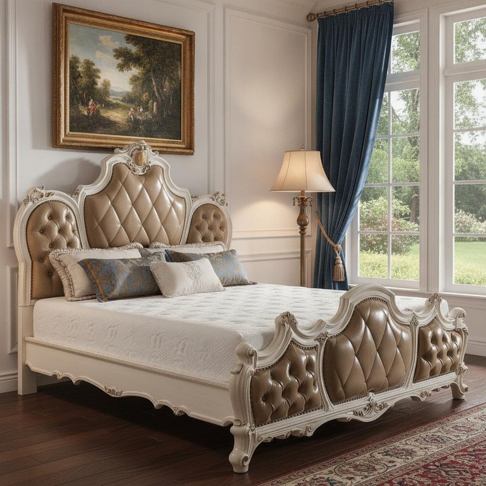 Pearl King Tufted Upholstered Faux Leather Bed Frame with Nailhead Trim HomeRoots
