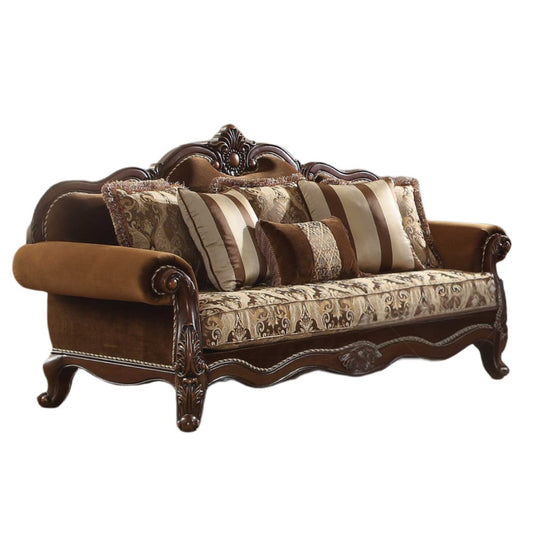 37" Oak Velvet Floral Sofa And Toss Pillows With Espresso Legs HomeRoots