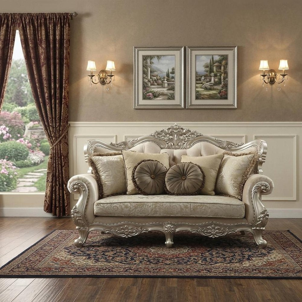 88" Champagne Velvet Curved Floral Sofa And Toss Pillows HomeRoots