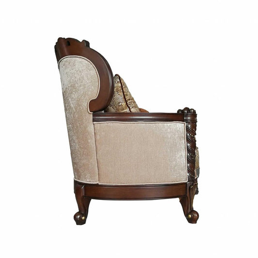 68" Cream And Brown Damask Chesterfield Loveseat and Toss Pillows HomeRoots