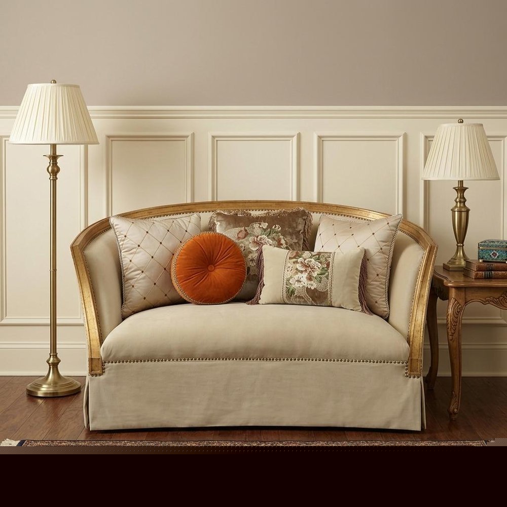 70" Tan And Gold Curved Loveseat and Toss Pillows HomeRoots