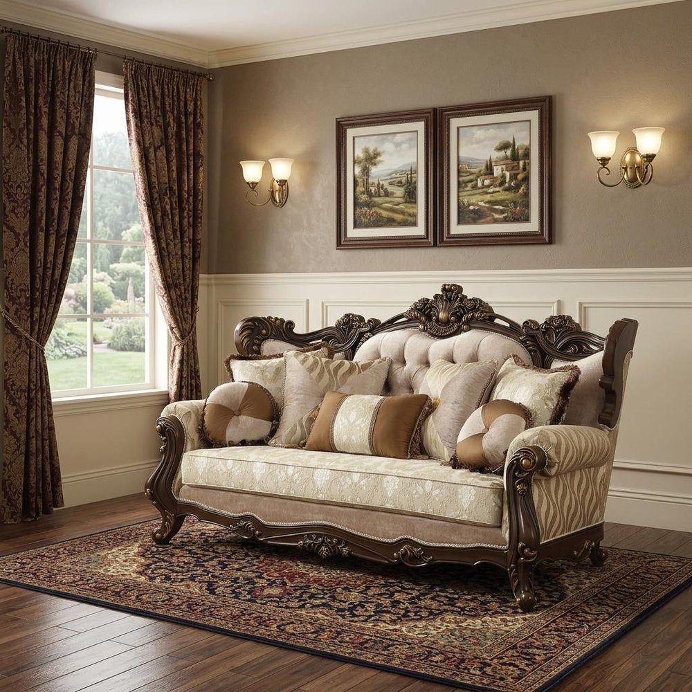 42" Beige Polyester Blend Curved Damask Sofa And Toss Pillows With Brown Legs HomeRoots