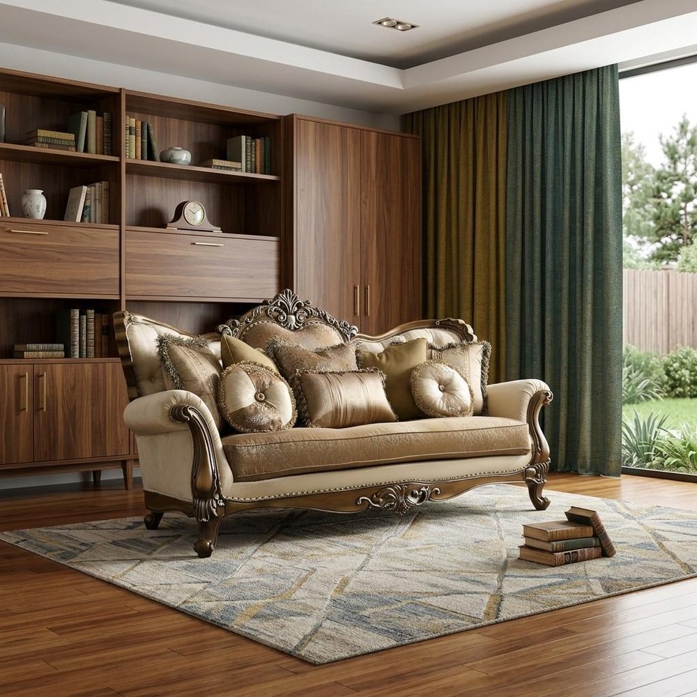 89" Tan Polyester Blend Curved Floral Sofa And Toss Pillows With Brown Legs HomeRoots