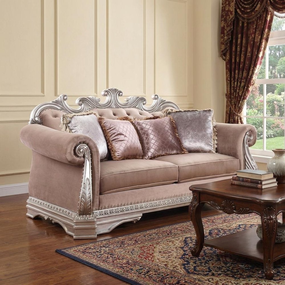 80" Champagne Velour Loveseat and Toss Pillows HomeRoots