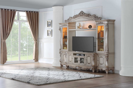 101" Antiqued White and Clear Distressed Solid Wood and Wood Textured Door Entertainment Center With Four Doors HomeRoots
