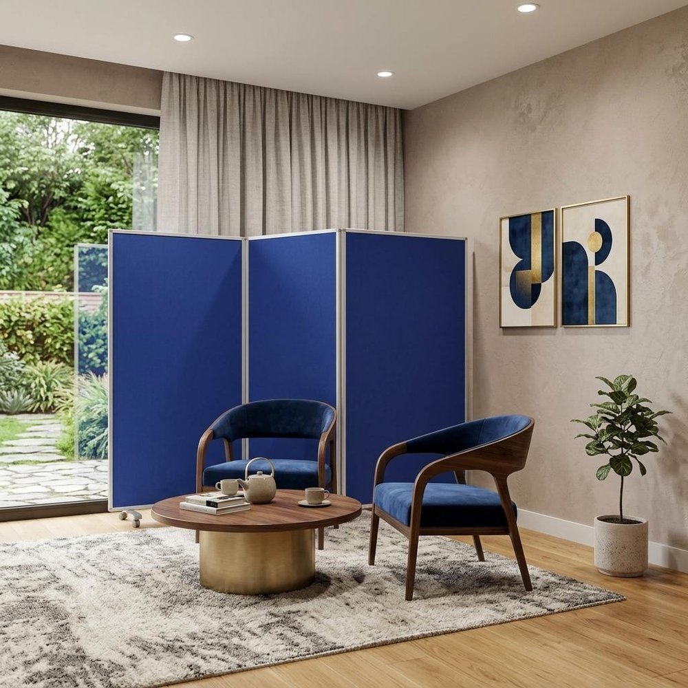 71" Blue Iron Folding Three Panel Screen Room Divider HomeRoots