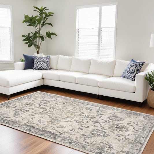 9' X 13' Ivory Machine Woven Distressed Floral Traditional Indoor Area Rug - 106.0" (H) x 156.0" (W) x 0.5" (D) FurniFindUSA