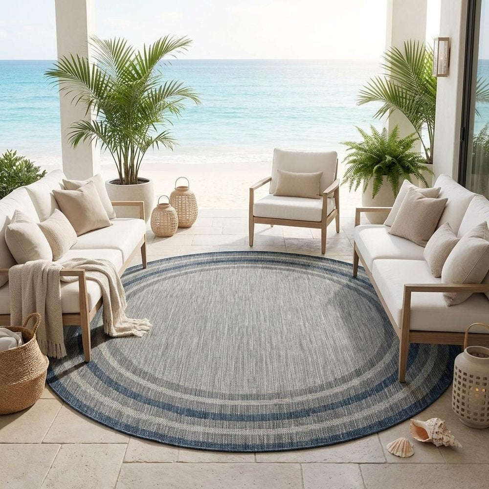 8' Blue And Gray Round Striped Indoor Outdoor Area Rug HomeRoots