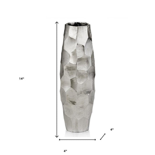 14" Aluminum Silver Faceted Geometric Cylinder Table Vase HomeRoots