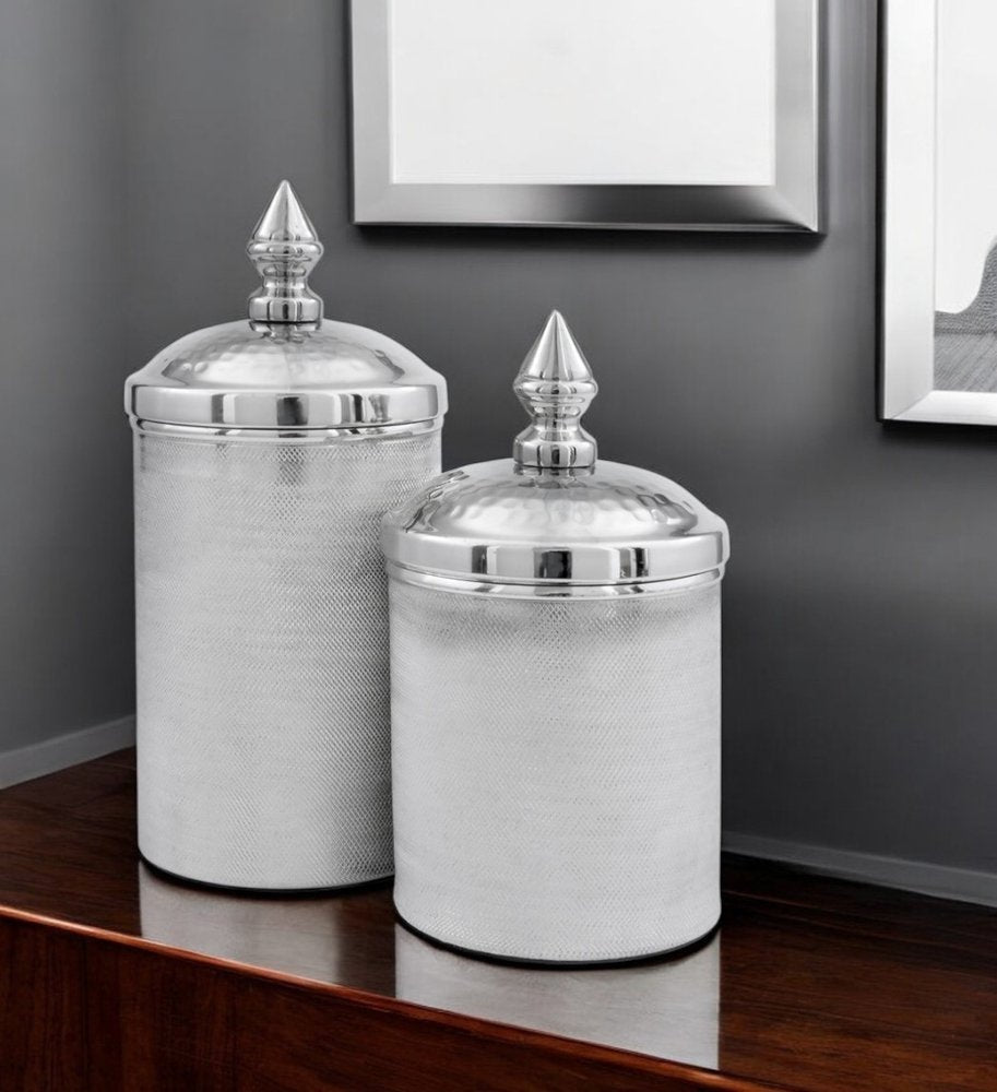Set of Two Silver Aluminum Tweed Decorative Canisters HomeRoots