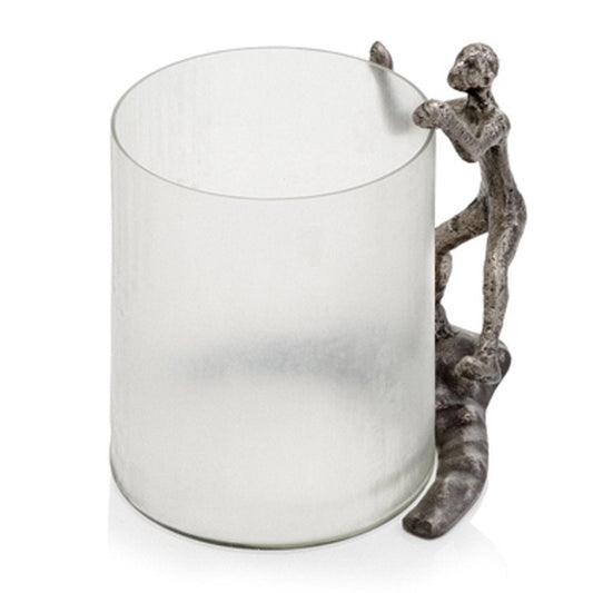 10" Silver And Glass Climbing Man Hurricane Candle Holder HomeRoots