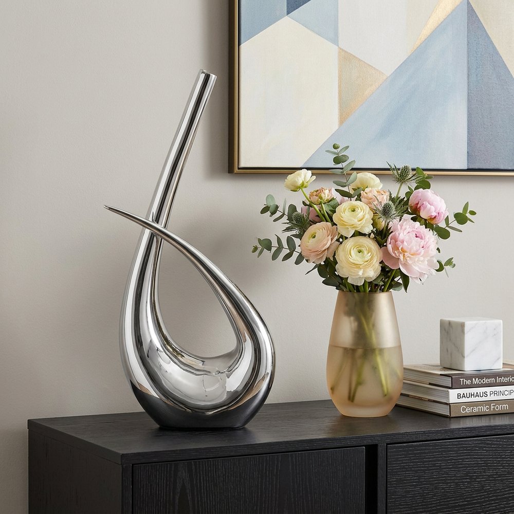 20" Aluminum Silver Modern Abstract Table Vase HomeRoots