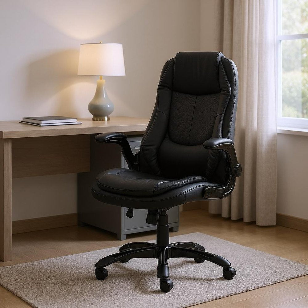 Black Faux Leather Tufted Seat Swivel Adjustable Executive Chair Leather Back Steel Frame HomeRoots