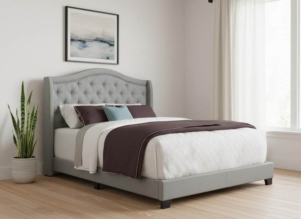 Solid Wood Queen Tufted Gray Upholstered Linen Bed With Nailhead Trim HomeRoots