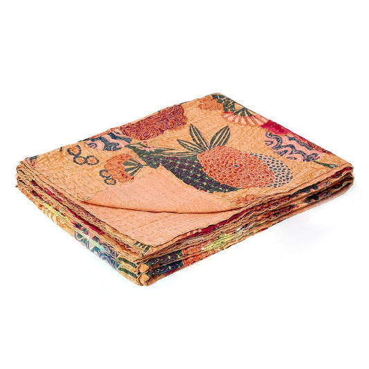 50" X 70" Orange and Red Kantha Cotton Floral Throw Blanket with Embroidery HomeRoots