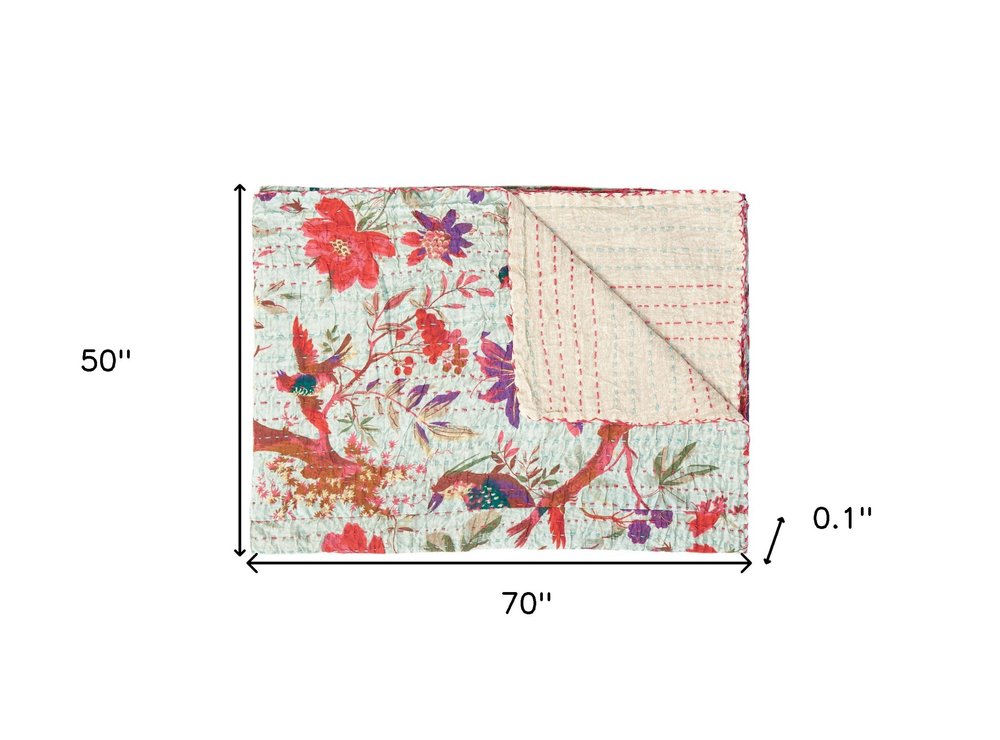 50" X 70" Gray and Pink Kantha Cotton Floral Throw Blanket with Embroidery HomeRoots