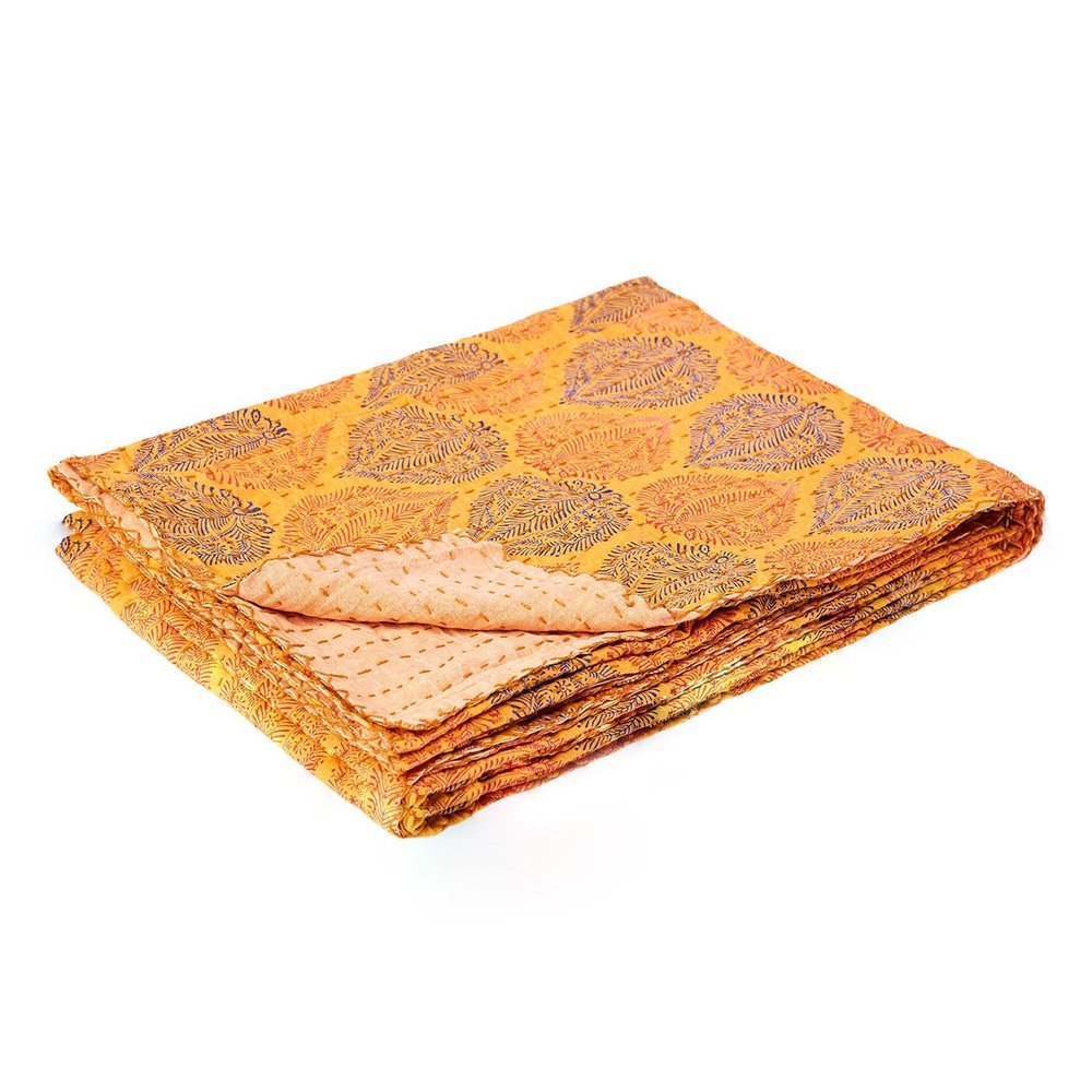 50" X 70" Orange Blue and Yellow Cotton Kantha Patchwork with Embroidery HomeRoots