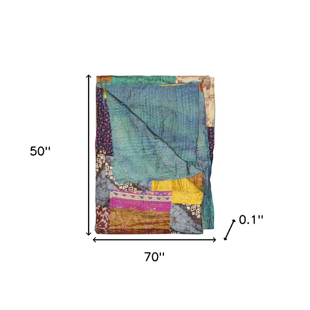 50" X 70" Green and White Quilted Cotton Patchwork Throw Blanket with Embroidery HomeRoots