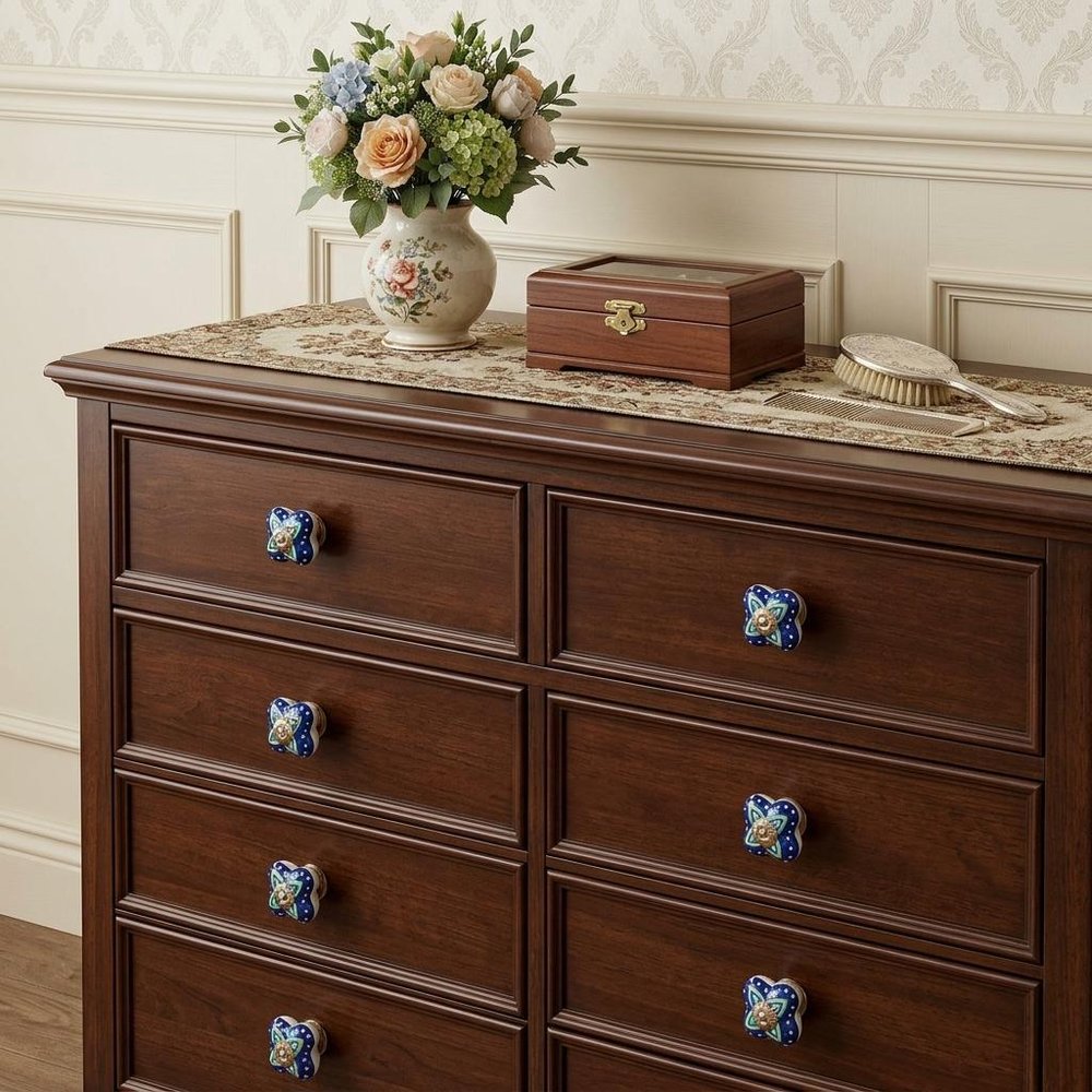 Set of Eight Blue And Green Floral Ceramic Drawer Pull Knobs HomeRoots