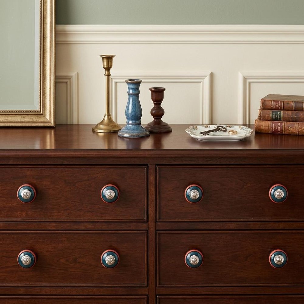 Set of Eight Navy Blue And Red Geometric Ceramic Drawer Pull Knobs HomeRoots