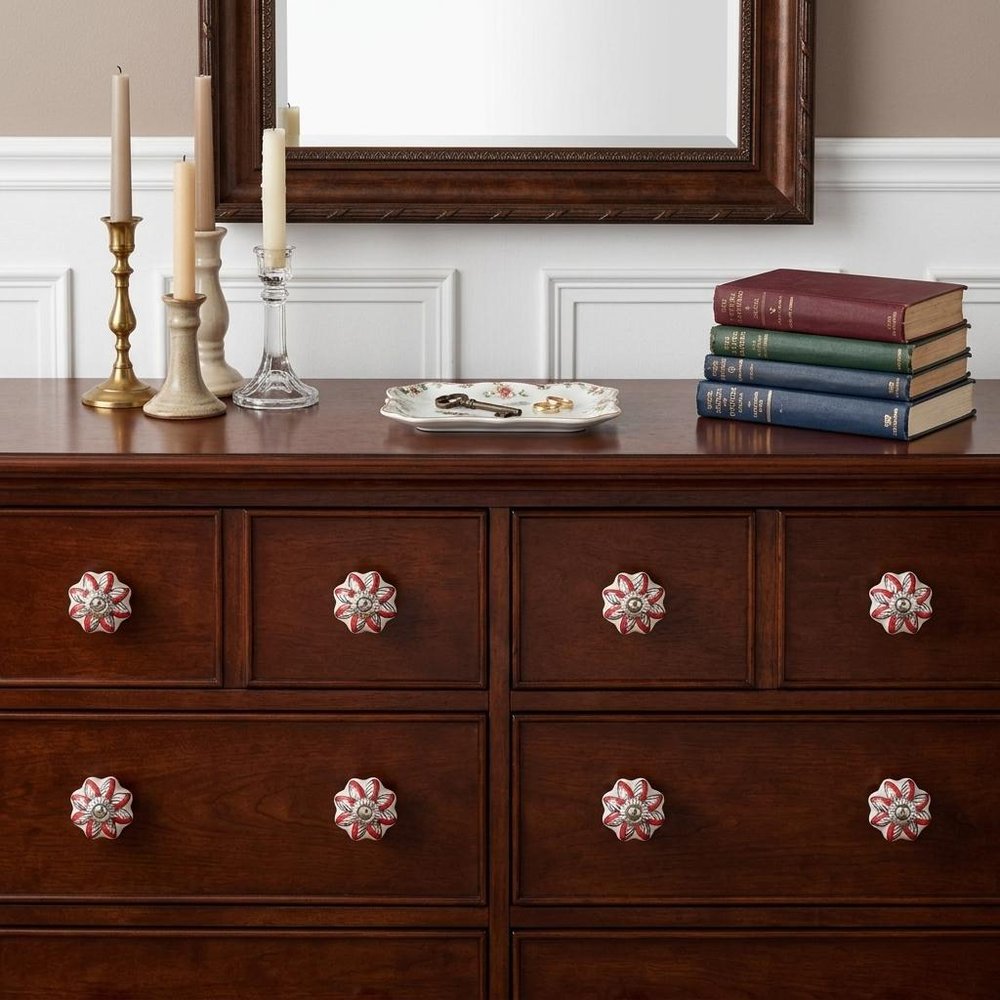 Set of Eight Red And White Floral Ceramic Drawer Pull Knobs HomeRoots