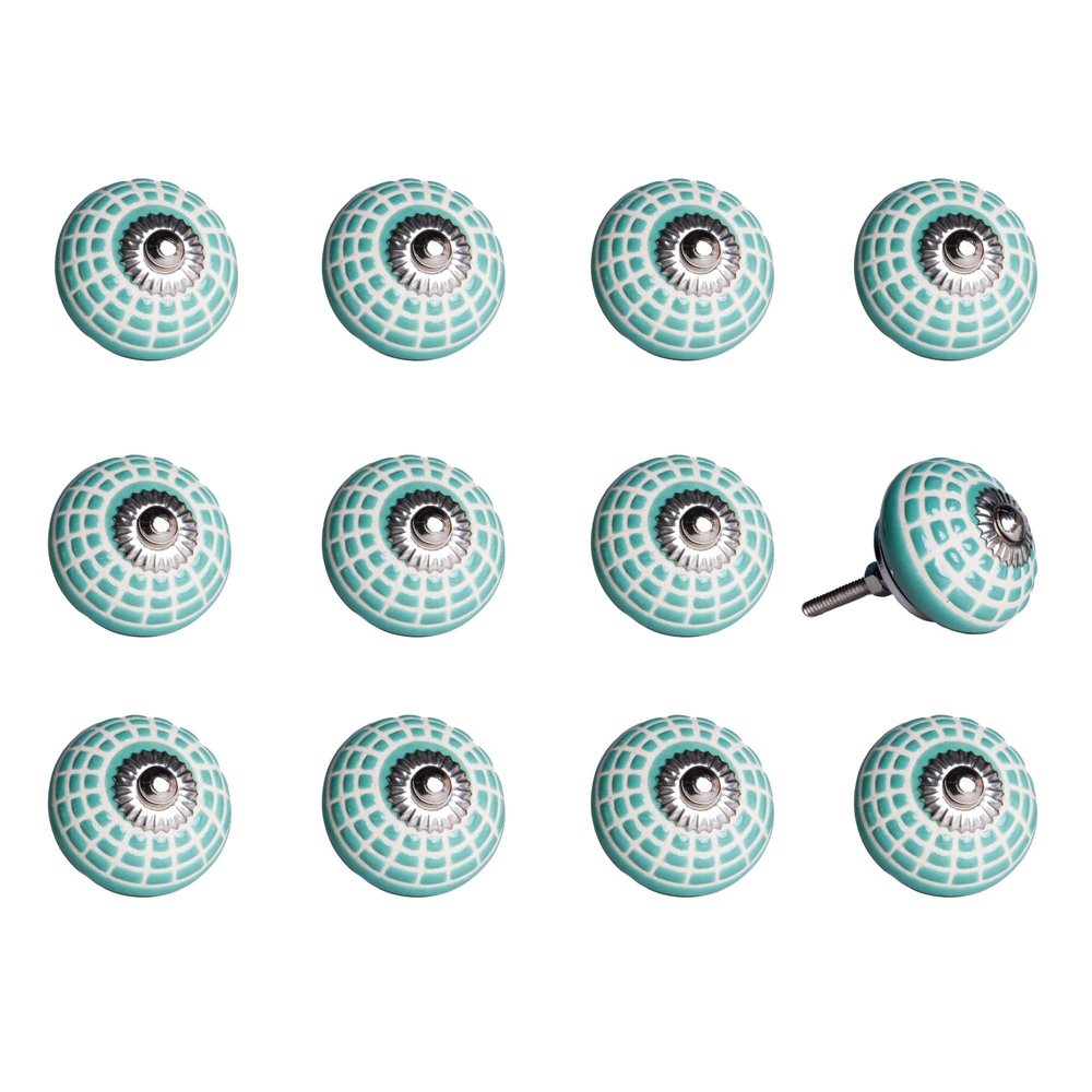 Set of Twelve Turquoise And White Geometric Ceramic Drawer Pull Knobs HomeRoots