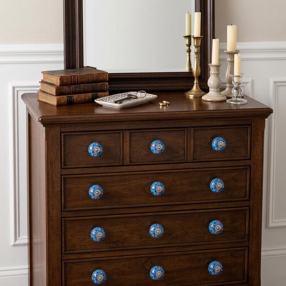 Set of Twelve Blue And White Botanical Ceramic Drawer Pull Knobs HomeRoots