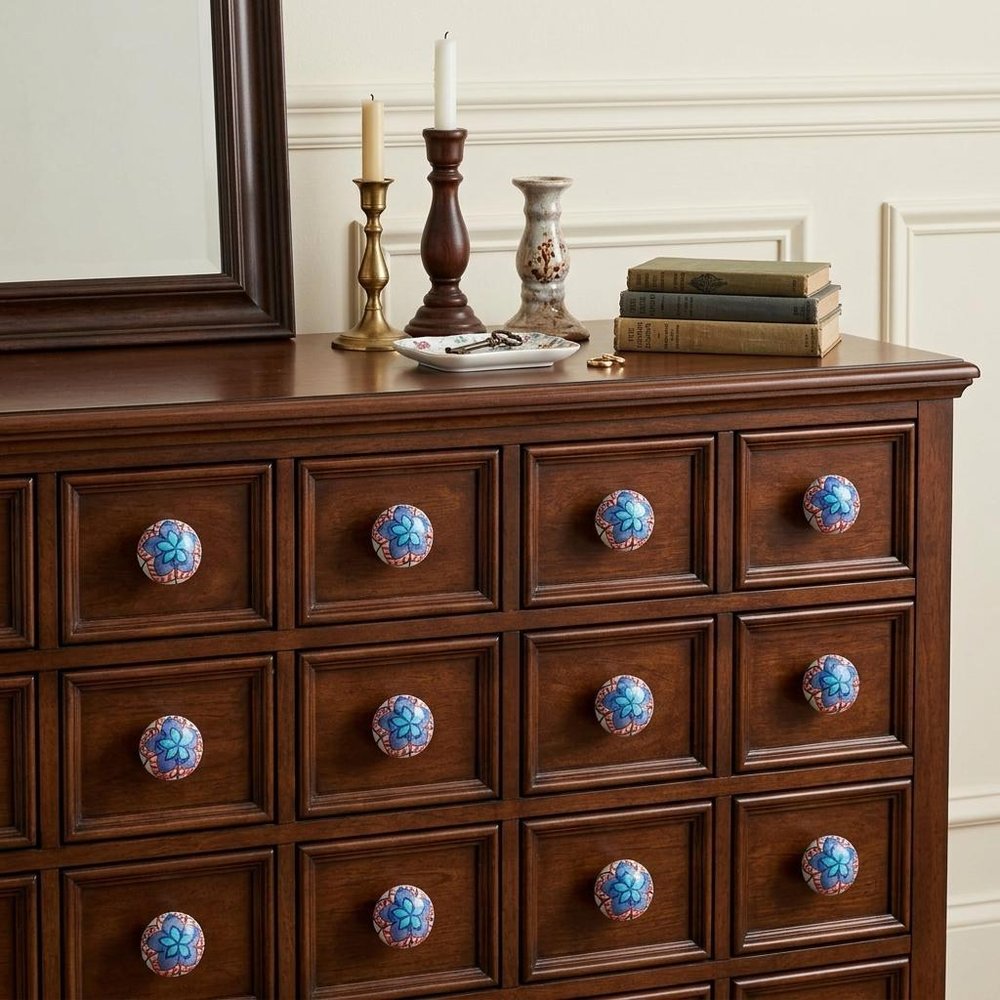 Set of Twelve Blue And White Floral Ceramic Drawer Pull Knobs HomeRoots