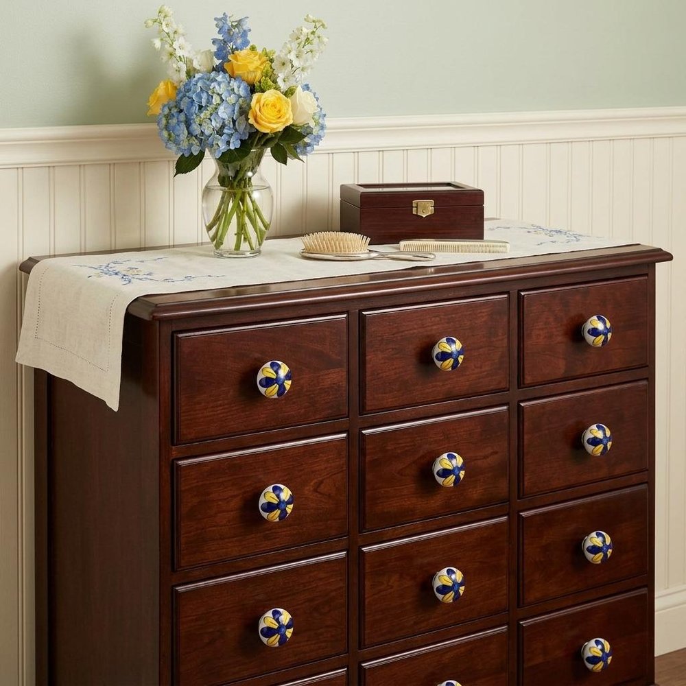 Set of Twelve Blue And Yellow Floral Ceramic Drawer Pull Knobs HomeRoots
