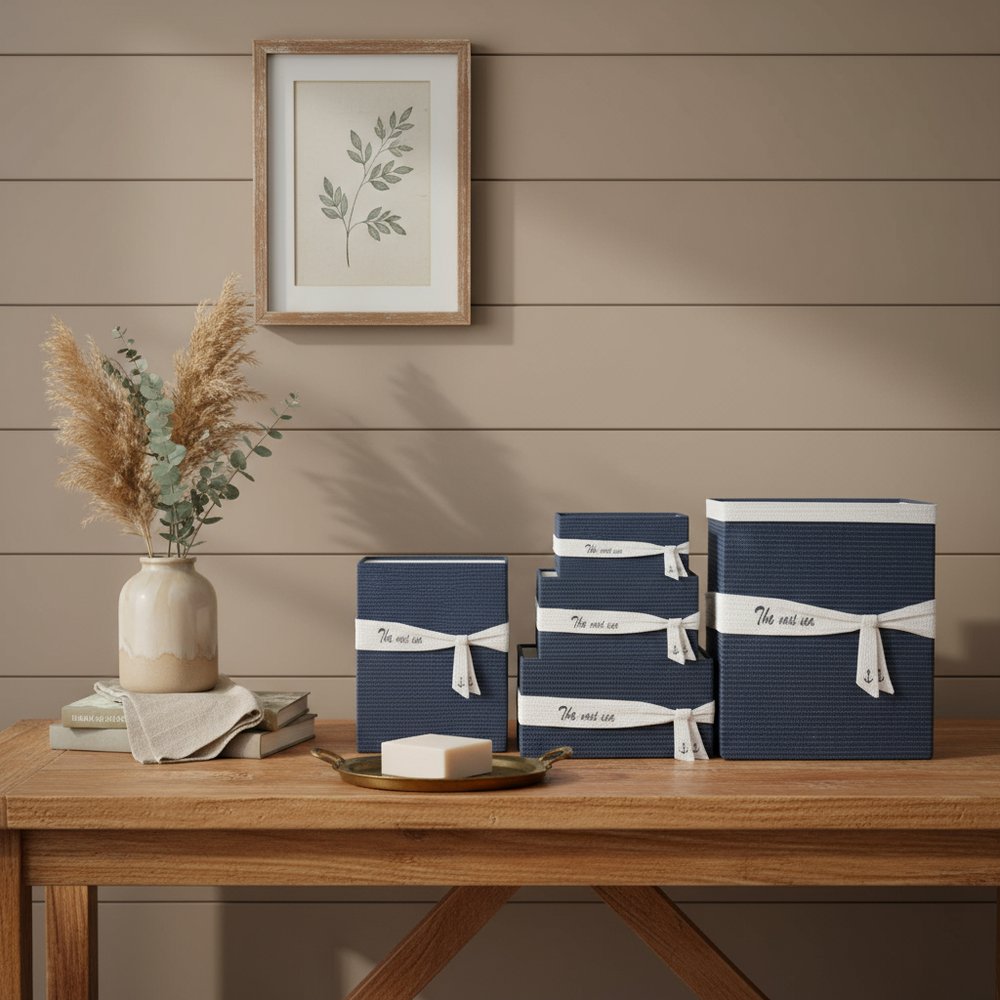 13.5" X 17" X 22.5" Blue Fabric Basket With Bow Decoration Set Of 5 HomeRoots