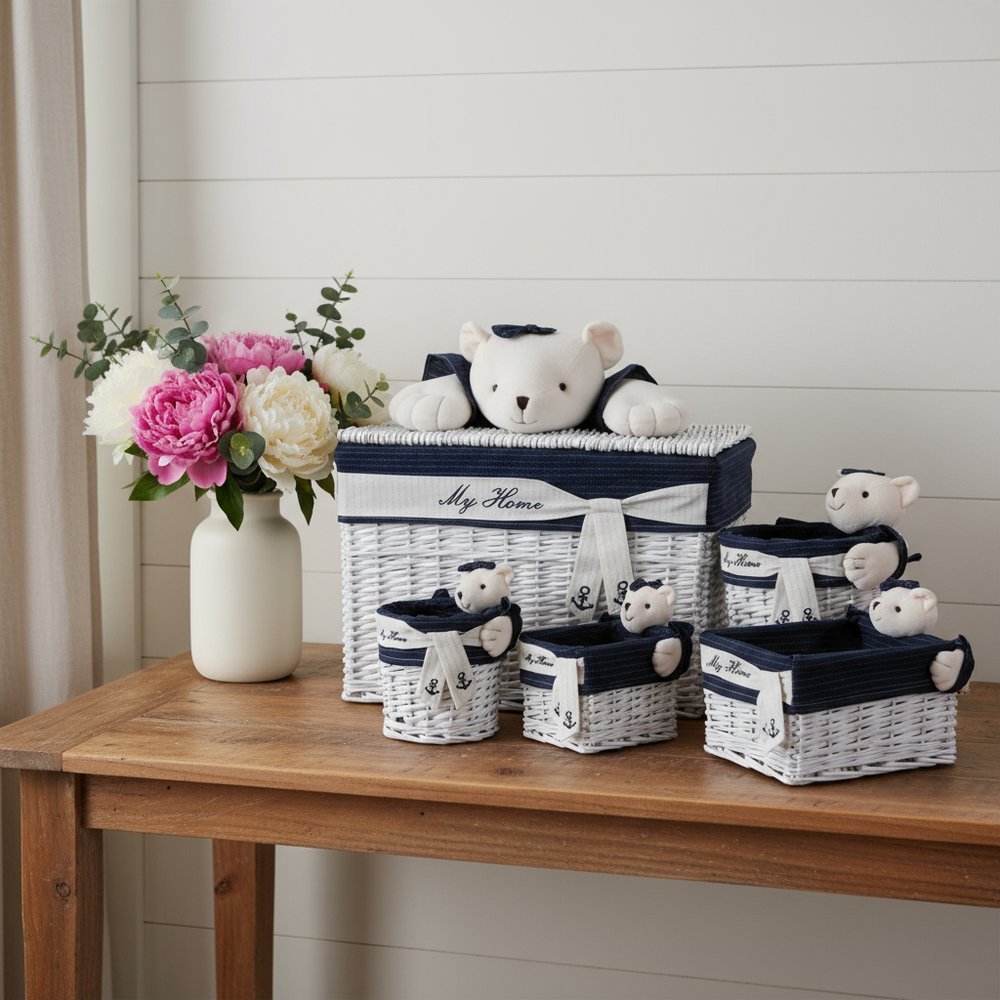 Set of Five Blue And White Rattan Basket HomeRoots