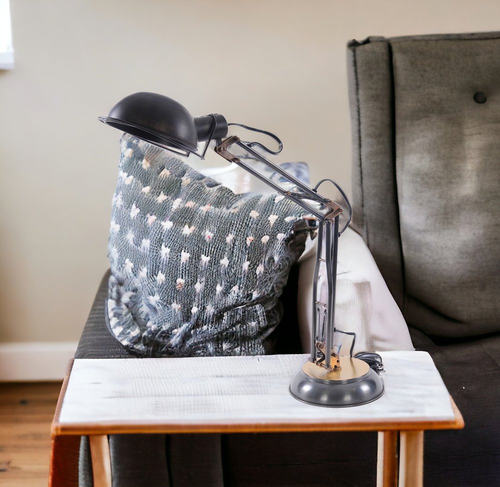 33" Black Metal Desk Table Lamp With Black Bowl Shade HomeRoots