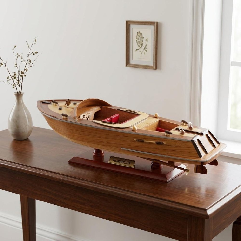 16" Brown Solid Wood Hand Painted Runabout Canoe Model Boat HomeRoots