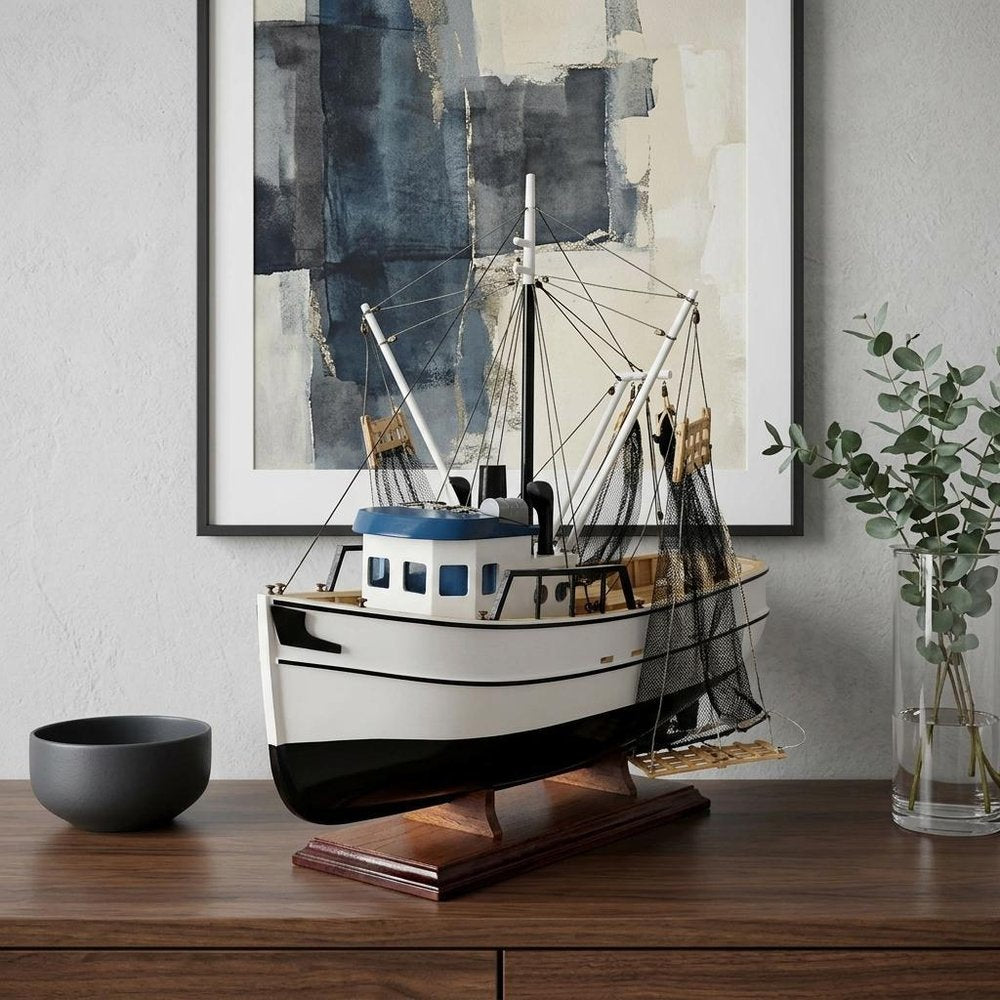 22" Black And White Solid Wood Hand Painted Model Boat HomeRoots