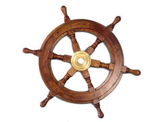 24" Brown Solid Wood And Brass Ships Wheel Hanging Dimensional Sculpture HomeRoots